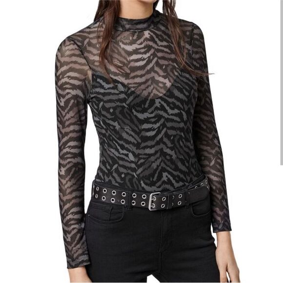 All Saints Tops - ALLSAINTS Elia Animal Print Long Sleeve Mesh Bodysuit Top Sz Medium Black Grey